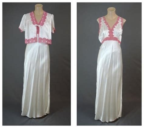 1940s White Rayon Satin Nightgown And Bedjacket Set With Dark Pink Lace