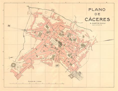 CÁCERES Plano antiguo de la cuidad Antique town city plan MARTIN