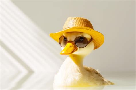 Premium Photo Duck Wearing Yellow Hat And Sunglasses With Straw Hat On Its Head Generative Ai