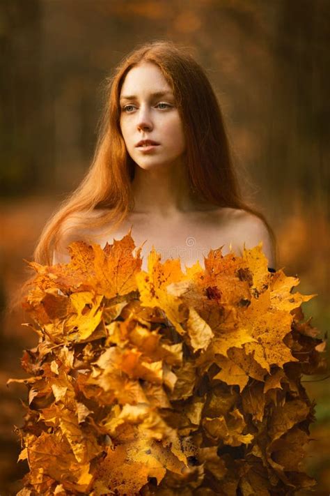 Fashion Autumn Model Fall Leaves Dress Beauty Girl Stock Image