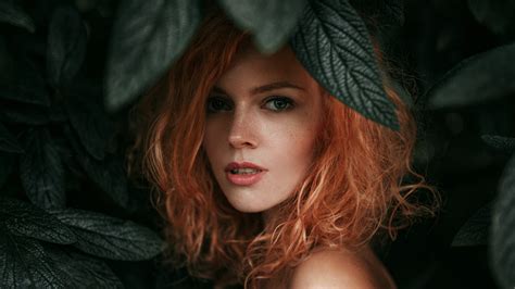 Wallpaper Georgy Chernyadyev Women Leaves Redhead Face Portrait