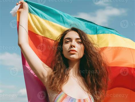 Hermosa Lesbiana Modelo Y Un Arco Iris Bandera A Gay Orgullo Lgbtq Colores Bandera Amar