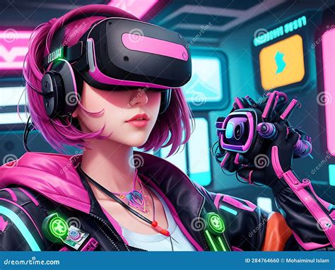 Closeup Of Girl Wearing Vr Headset Illustrations In 4k Cyberpunk World