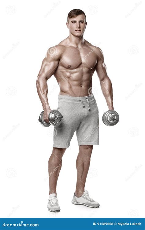 Athletic Man Showing Muscular Body With Dumbbells Full Length