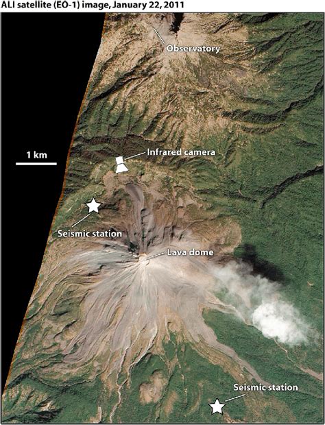 Satellite image of the Volcán de Colima and the location of the camera ...