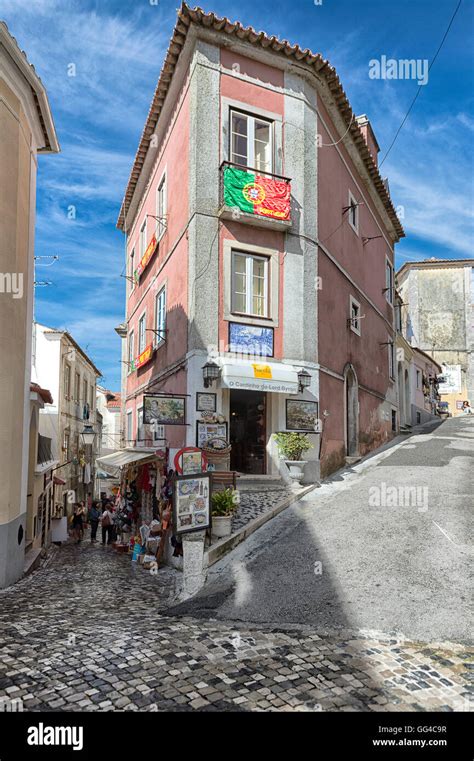 Tourist Shops And Restaurants On A Cobbled Street At Sintra Portugal