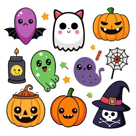 Cute Cartoon Halloween Elements Set With Pumpkins Ghosts Bats Witch Spiders Candle And Stars