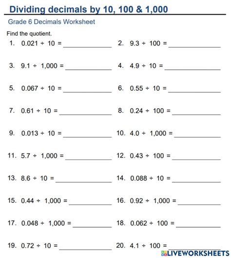 Divide Decimals By 10 100 And 1000 Worksheets