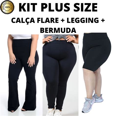 Kit Calça Flare Legging Bermuda Plus Size Cós Alto Suplex Alta