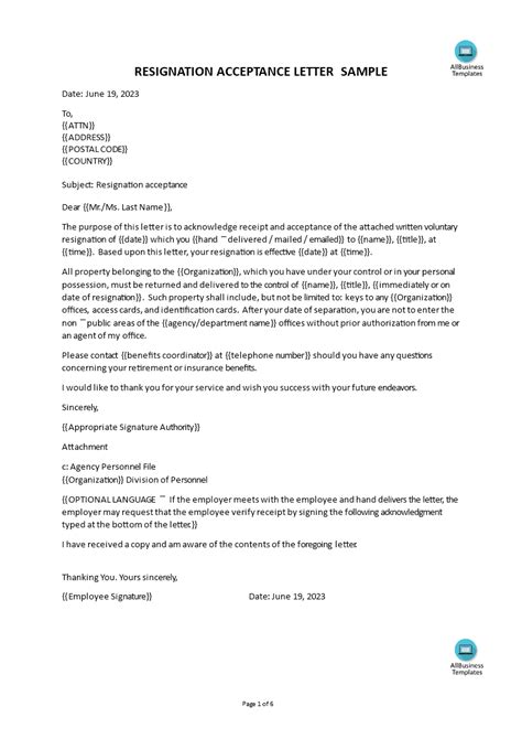 Letters Of Acceptance Of Resignation Templates At