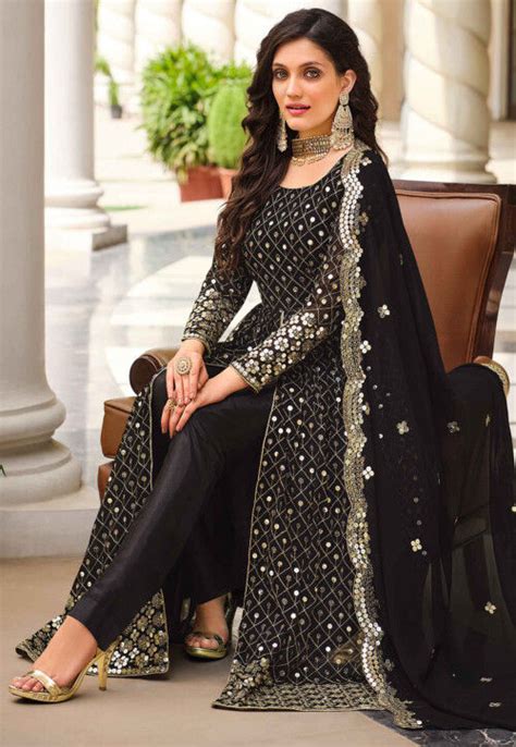 Embroidered Georgette Front Slit Abaya Style Suit In Black KCH9733