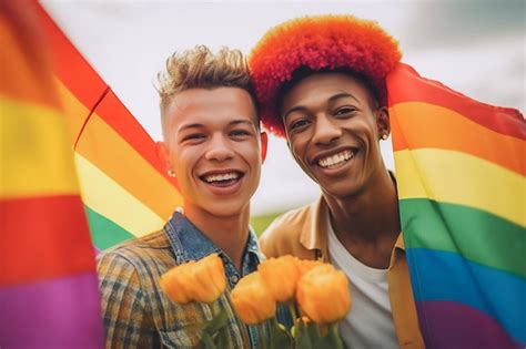 Una Hermosa Pareja Gay Feliz Con Los Colores Del Arco Iris En Un Campo De Flores Fondo De