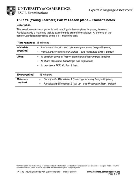 Tkt Yl Young Learners Part 2 Lesson Plans Pdf Pdf Lesson Plan Brainstorming