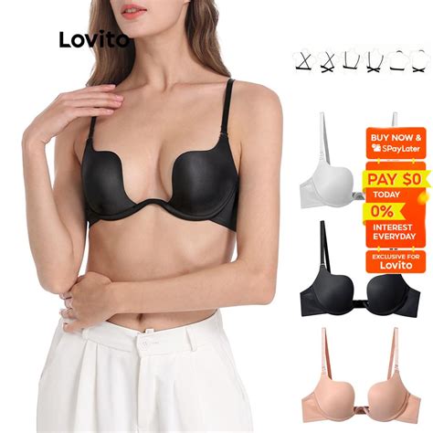 Lovito Sexy Plain Push Up Deep V Neck Bra For Women L L Black