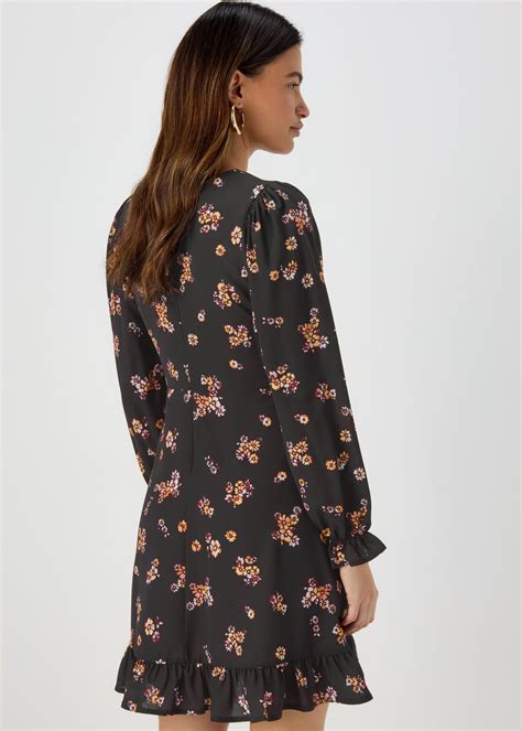 Black Floral Print Ruffle Long Sleeve Mini Dress Matalan