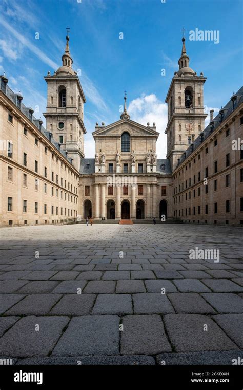 Interior facade of the El Escorial monastery. Interior parade ground. Granite, stone, rock ...