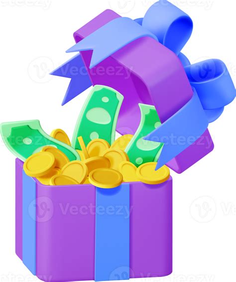 3D Open Gift Box Full Of Gold Coins And Dollars 35714920 PNG