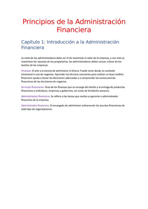 Principios De Administraci N Financiera Resumen Primer Capitulo