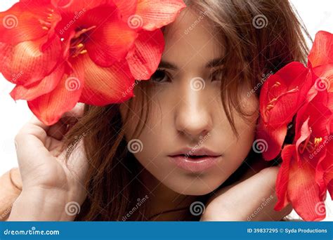 Lovely Woman With Red Flowers Stock Image Image Of Good Human 39837295