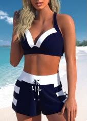 Rotita Patchwork Navy Striped High Waisted Bikini Set Rotita