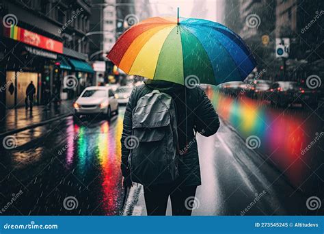 Person With Rainbow Umbrella And Backpack Standing On City Street