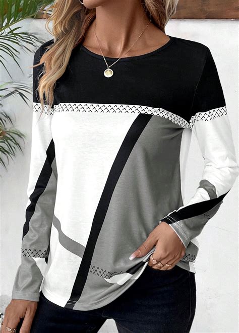 Geometric Print Patchwork Multi Color Long Sleeve T Shirt Rosewe