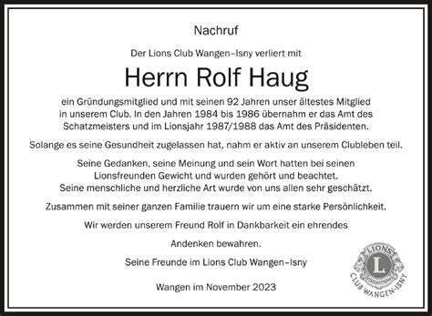 Traueranzeigen Von Rolf Haug Schwaebische De Trauerportal