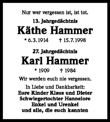 Traueranzeigen von Käthe Hammer WirTrauern