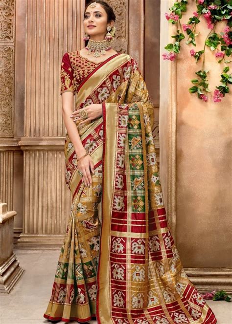 Metallic Gold Patola Silk Saree With Mirror Khatli And Cut Dana Work