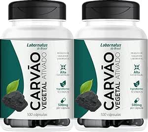 Carvão Vegetal Ativado 500mg 100 Cápsulas 2 Unidades Amazon br