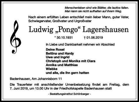 Traueranzeigen Von Ludwig Pongo Lagershausen Harztrauer De