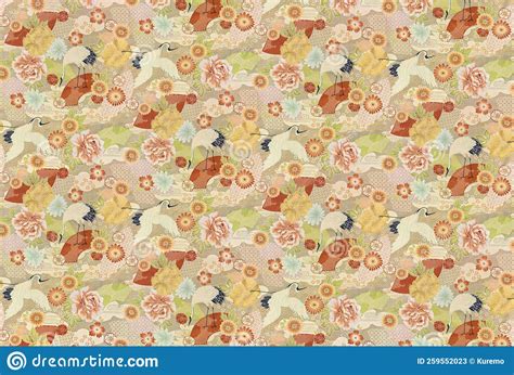 Seamless Pattern Depicting A Traditional Japanese Furoshiki Cloth Featuring Tsuru Cranes And ...