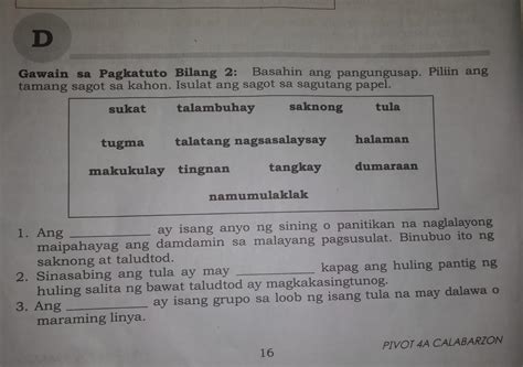 Gawain Sa Pagkatuto Bilang 2 Basahin Ang Pangungusap Piliin Ang