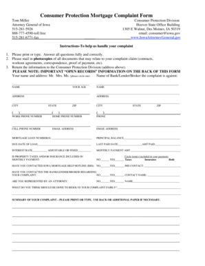 Fillable Online State Ia Consumer Protection Mortgage Complaint Form