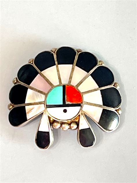 Vintage Zuni Sunface Turquoise Coral Sterling Pendant Brooch Unsigned