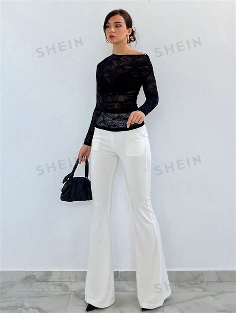 Shein Aloruh Asymmetrical Neck Drawstring Side Sheer Lace Top Without