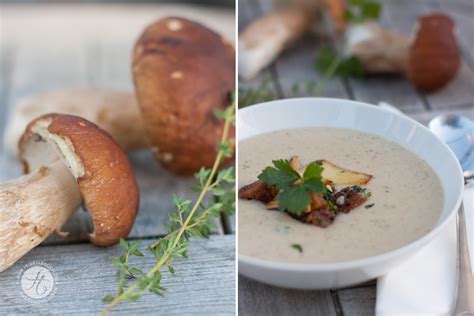 Beste Steinpilz Cremesuppe mit Kräutercroutons und gebratenen