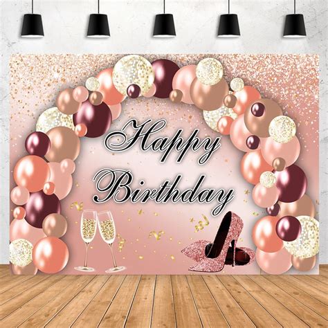 Aperturee 7x5ft Rose Gold Happy Birthday Backdrop Glitter Sequins Balloon Garland