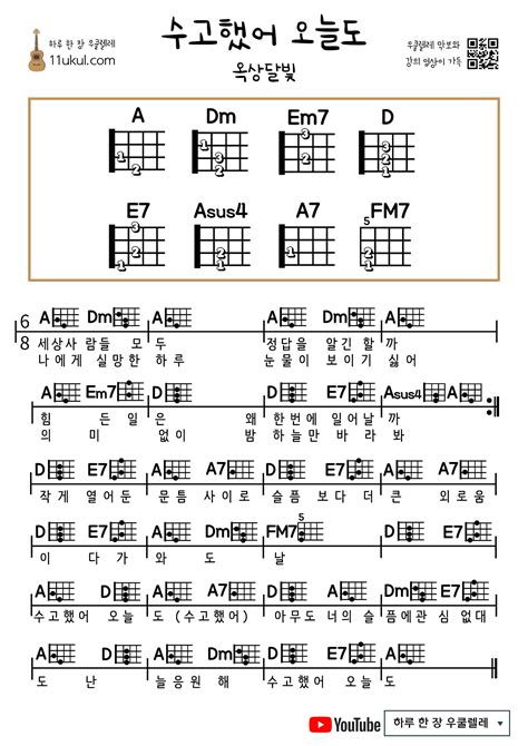 수고했어 오늘도옥상달빛 우쿨렐레 쉬운 코드 악보