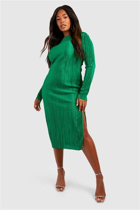 Plus Plisse Split Long Sleeve Midi Dress Boohoo Uk