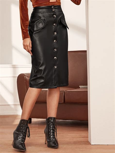 Wide Waistband Flap Detail Button Front PU Leather Skirt SHEIN Pu