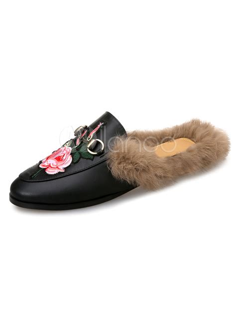 Black Women Mules Embroidered Faux Fur Metallic Round Toe Women Slip On Mules