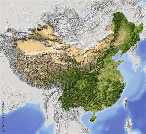 China Shaded Relief Map Colored For Vegetation