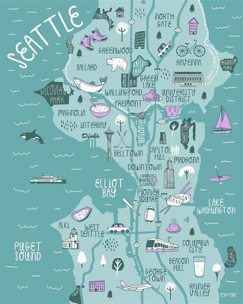 Seattle Map Illustrated Map Art Print 8x10 Print Affordable Art Etsy