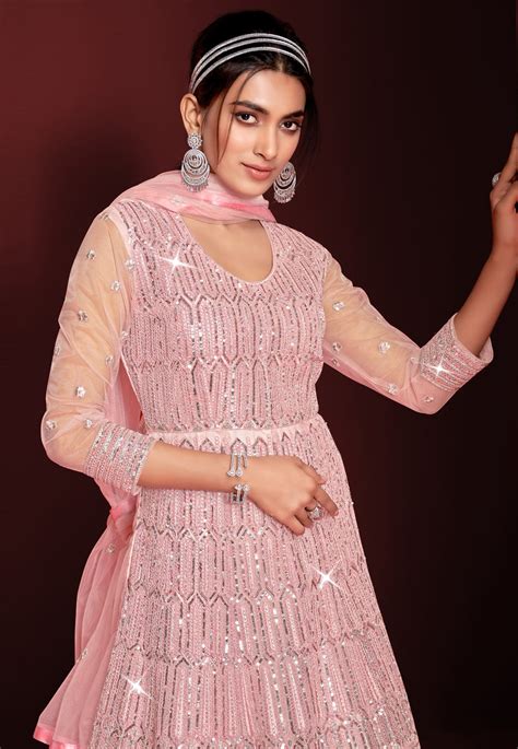 Net Abaya Style Anarkali Suit In Pink Colour