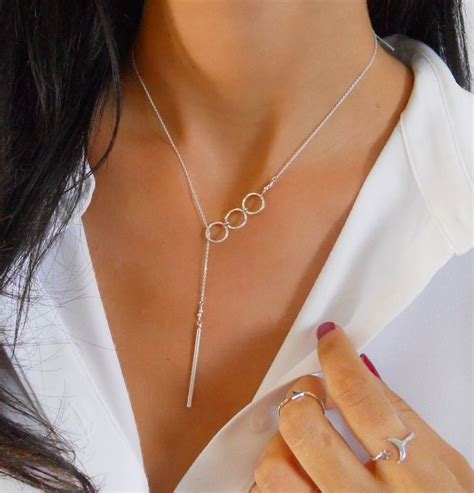 Silver Lariat Necklace With Circles And Stick Bar Layering Silver Y Necklace Delicate Lariat