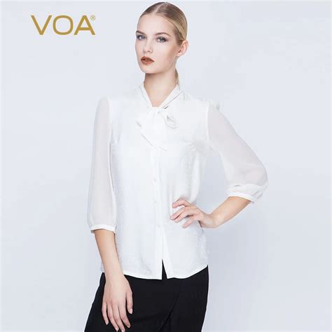 Voa White Silk Cobby Shirts Women Three Quarter Sleeve Slim Thin Blouse Butterfly Bow Collar