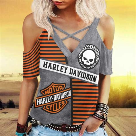 Harley Davidson Womens Cold Shoulder T Shirt With Criss Cross Strips