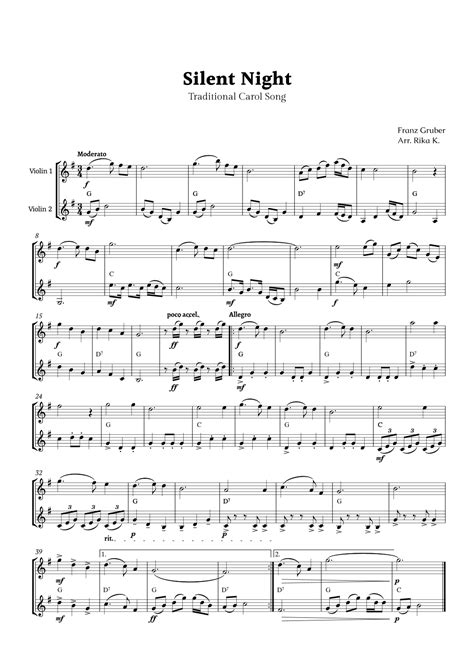 Silent Night For Violin Duet Arr Rika K By Franz Gruber Sheet Music For Violin Duet At Sheet