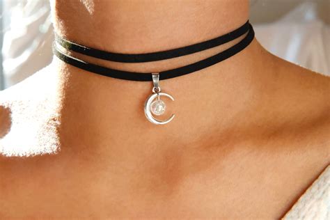 Double Suede Moon Choker Crescent Moon Suede Choker Black Etsy